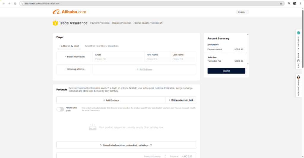 Màn hình set up Trade Assurance - Trade Assurance setup screen
