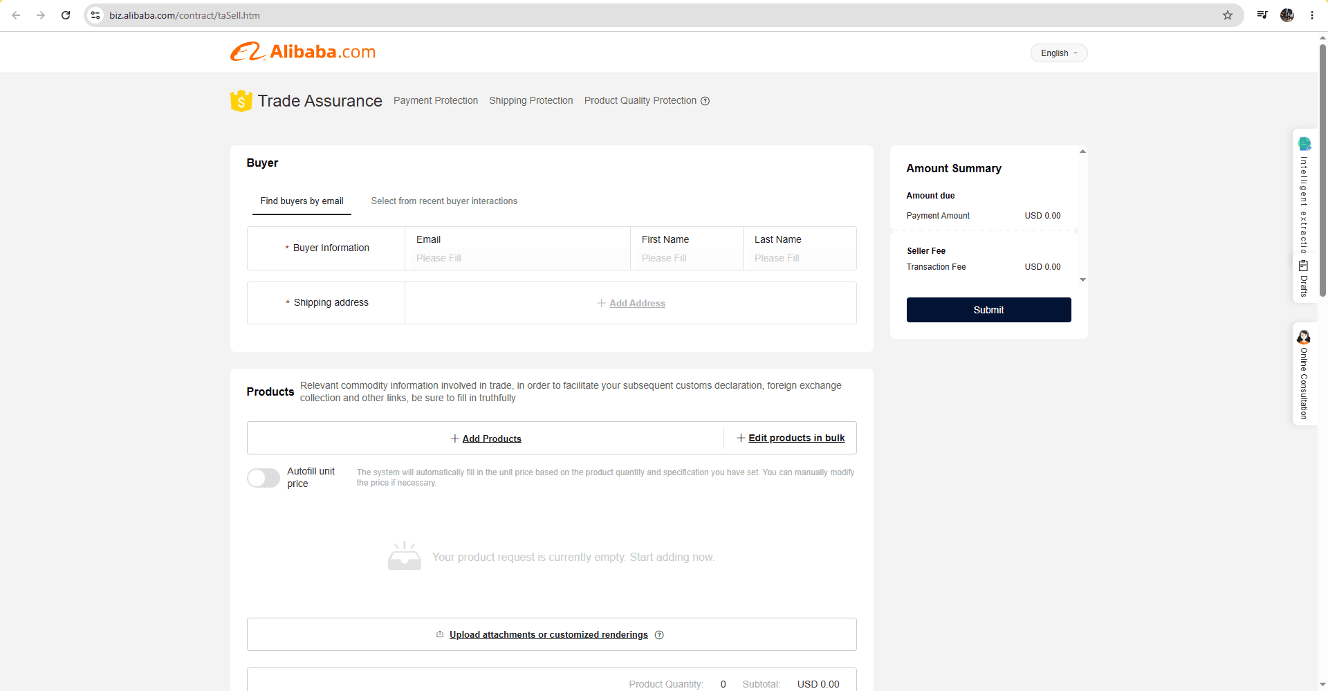 Màn hình set up Trade Assurance - Trade Assurance setup screen