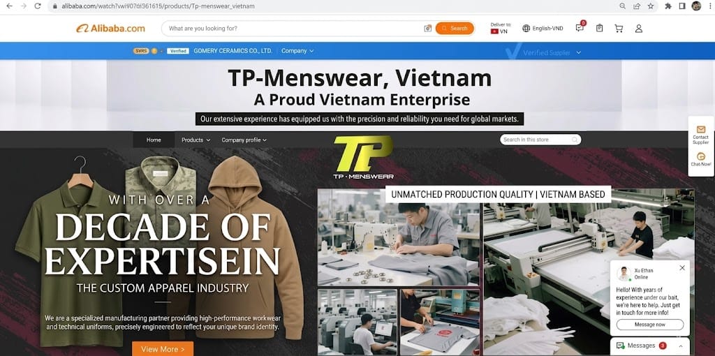 TP-Menswear có nhãn Verified Supplier từ Alibaba - TP-Menswear has Alibaba's Verified Supplier label.