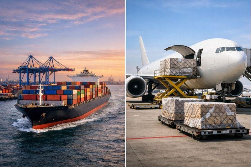 So sánh trực quan giữa vận chuyển đường biển bằng tàu container và vận chuyển đường hàng không bằng máy bay chở hàng