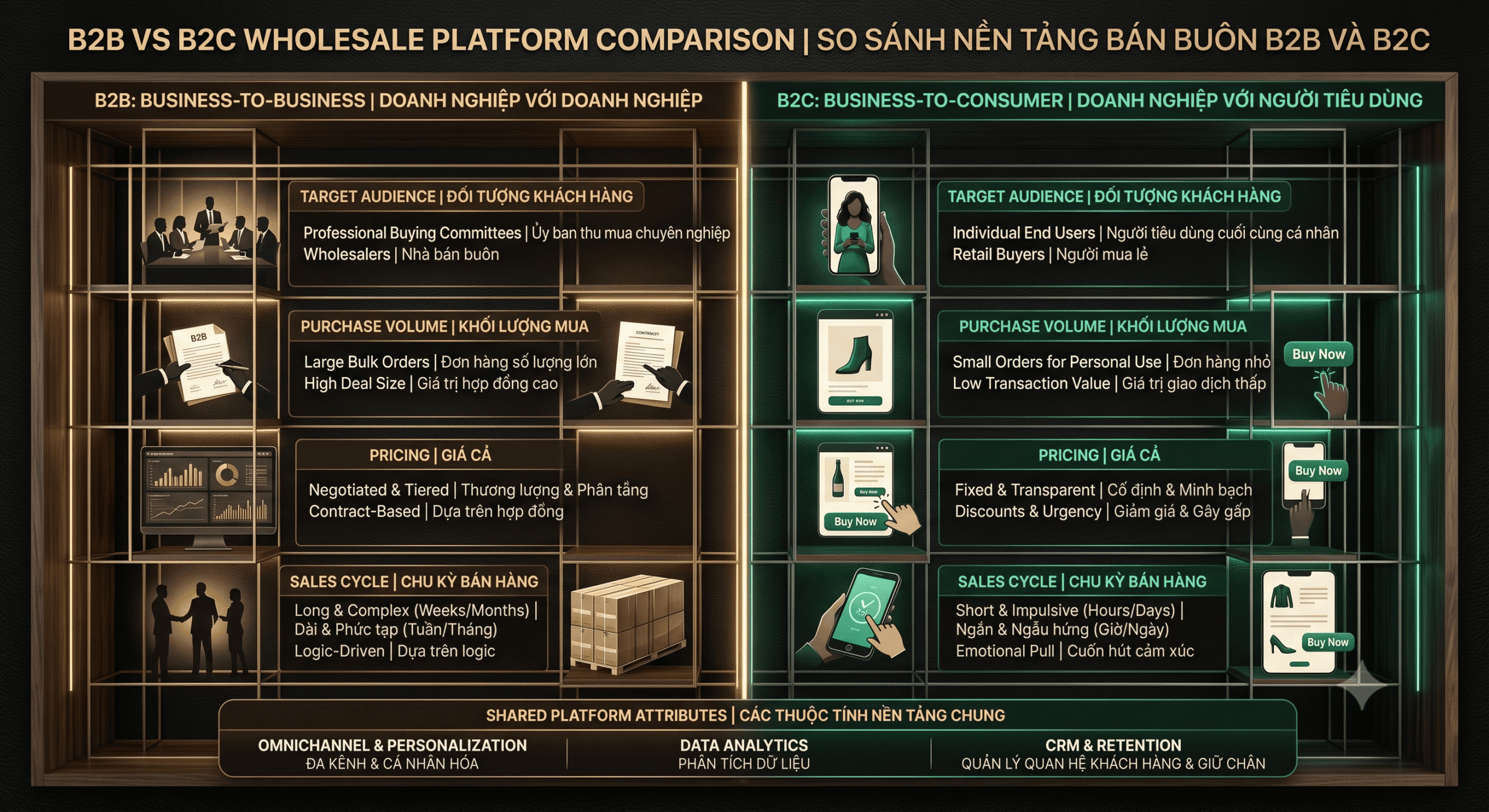 Sơ đồ minh họa khác biệt giữa sàn thương mại điện tử B2B và B2C