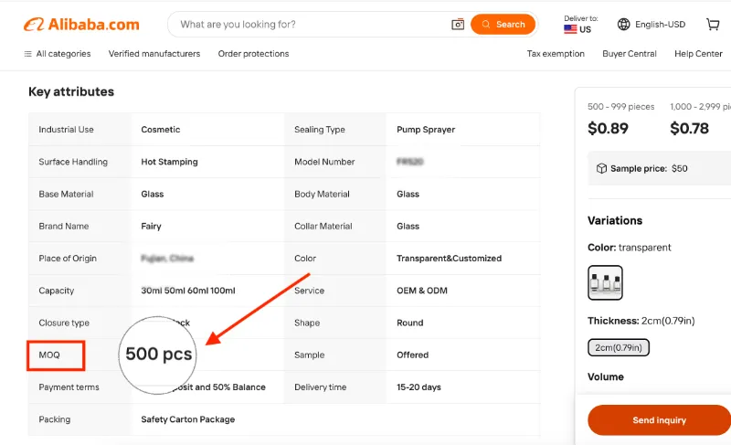 Trang sản phẩm Alibaba hiển thị MOQ và các thông số chính người mua cần xem trước khi đàm phán